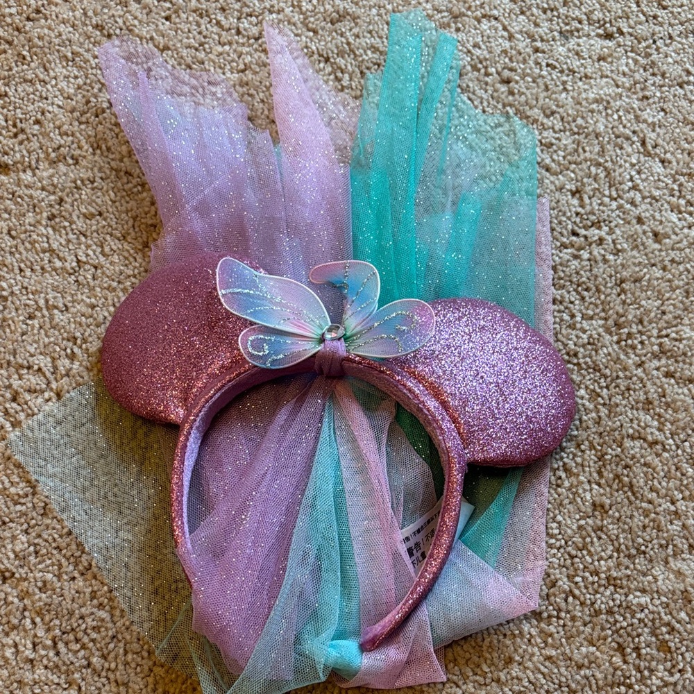 Mickey Ears Pink and Teal Glittery Headband with Butterfly